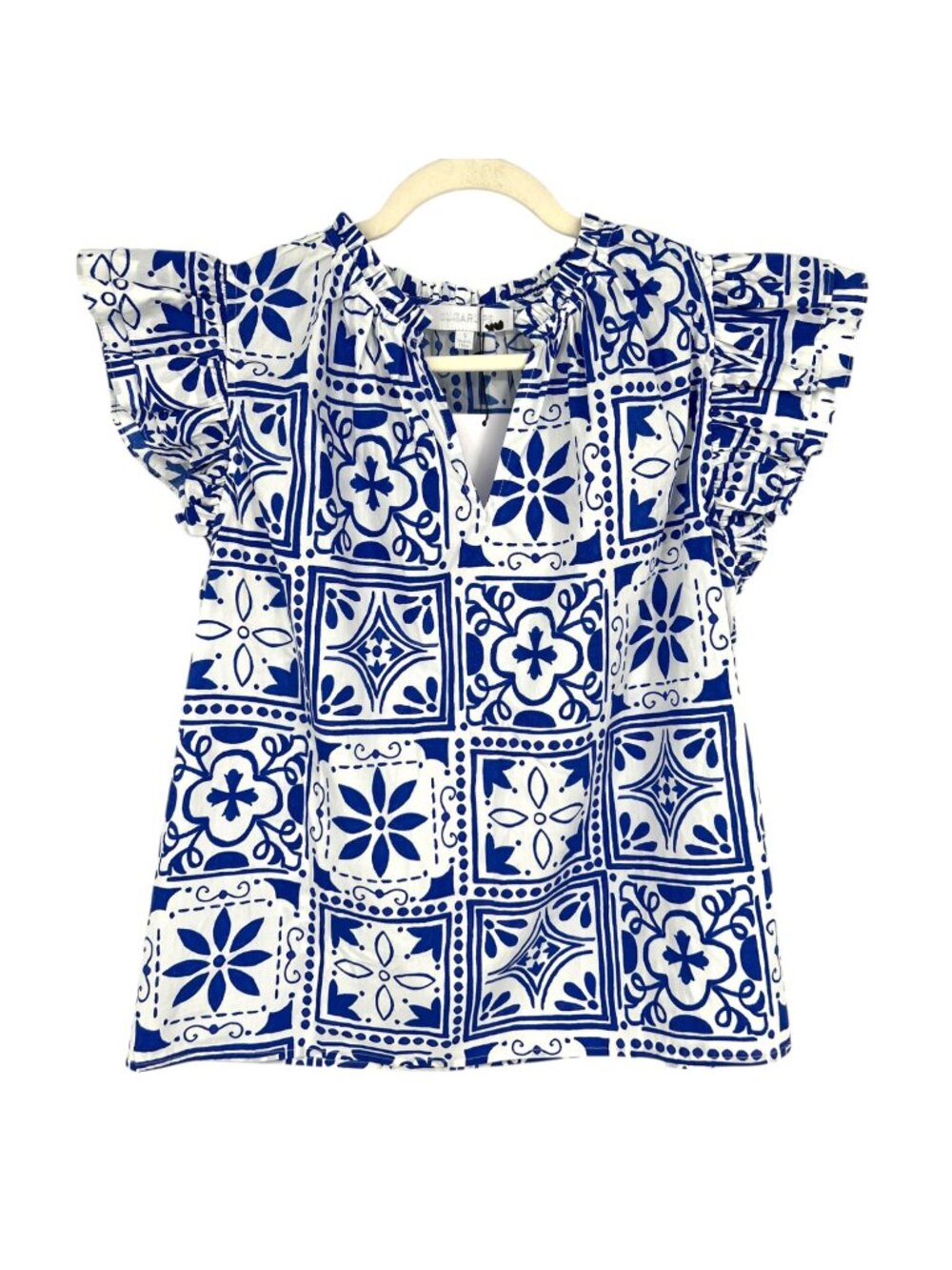 Sugarlips Arbor Floral Risette Ruffle Split Neck Top Blue White Size Small NWT